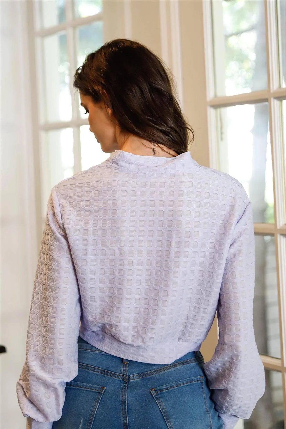 Lilac Textured Pearl & Crystal Button Up Detail Crop Top /2-2-3 - Tasha Apparel Wholesale