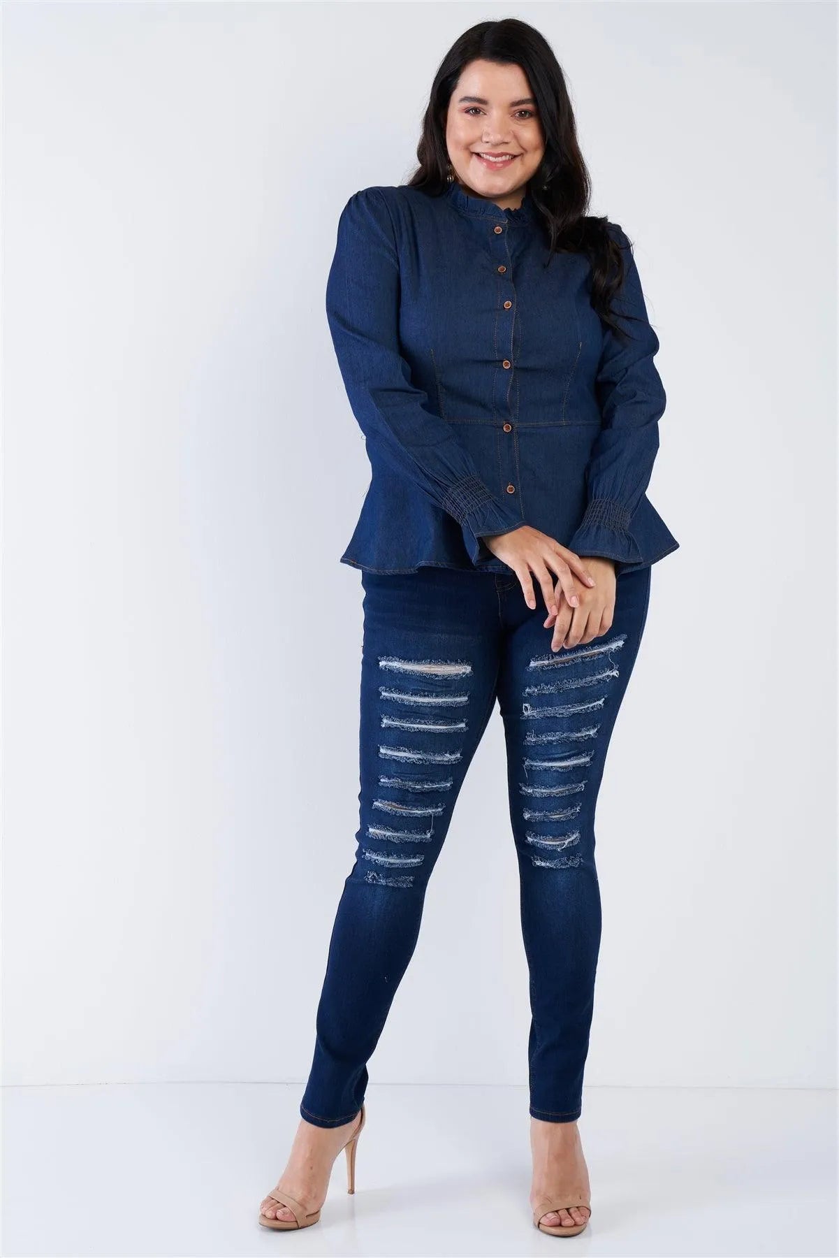 Plus Size Denim Blue Vintage Front Button Sleeve Jean Peplum Top /3-1-1 - Tasha Apparel Wholesale