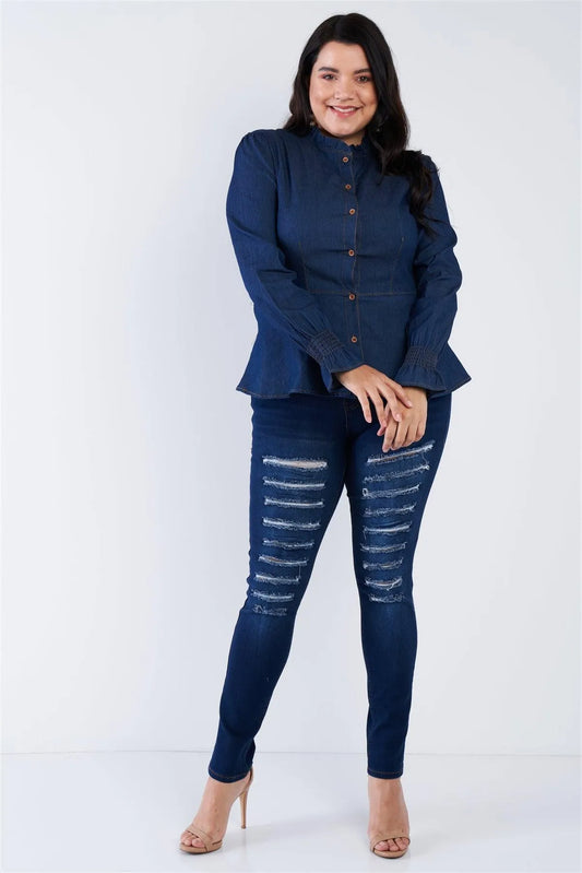Plus Size Denim Blue Vintage Front Button Sleeve Jean Peplum Top /3-1-1 - Tasha Apparel Wholesale