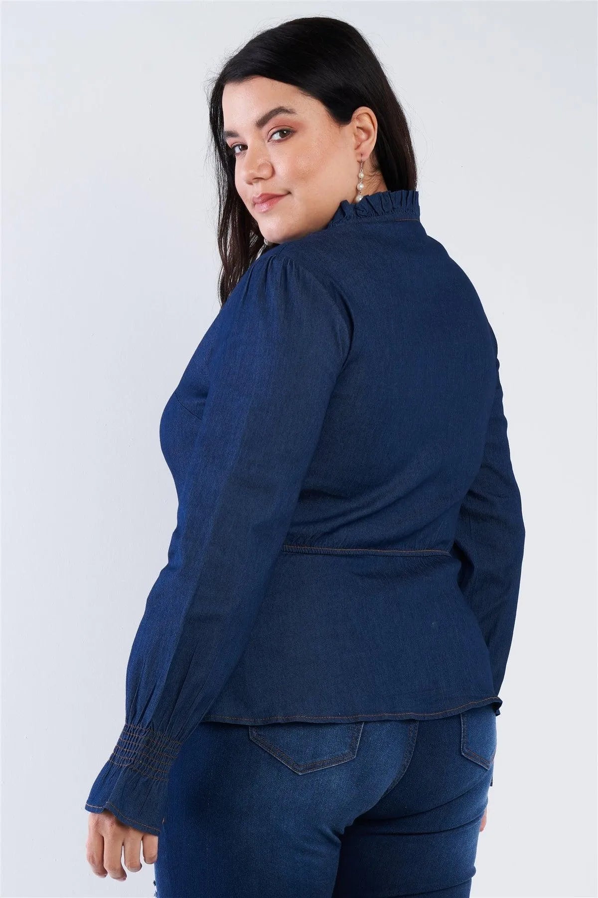 Plus Size Denim Blue Vintage Front Button Sleeve Jean Peplum Top /3-1-1 - Tasha Apparel Wholesale