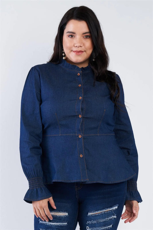 Junior Plus Size Denim Blue Vintage Front Button Sleeve Jean Peplum Top /2-2-2 - Tasha Apparel Wholesale