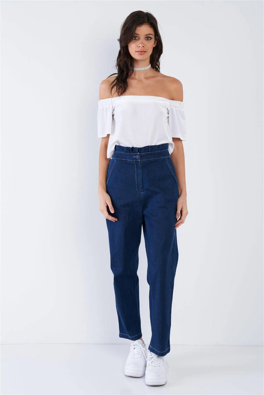 Jean Blue White Stitch Retro High Waist Frill Mock Wrap Denim Pants /1-1-1-1 - Tasha Apparel Wholesale