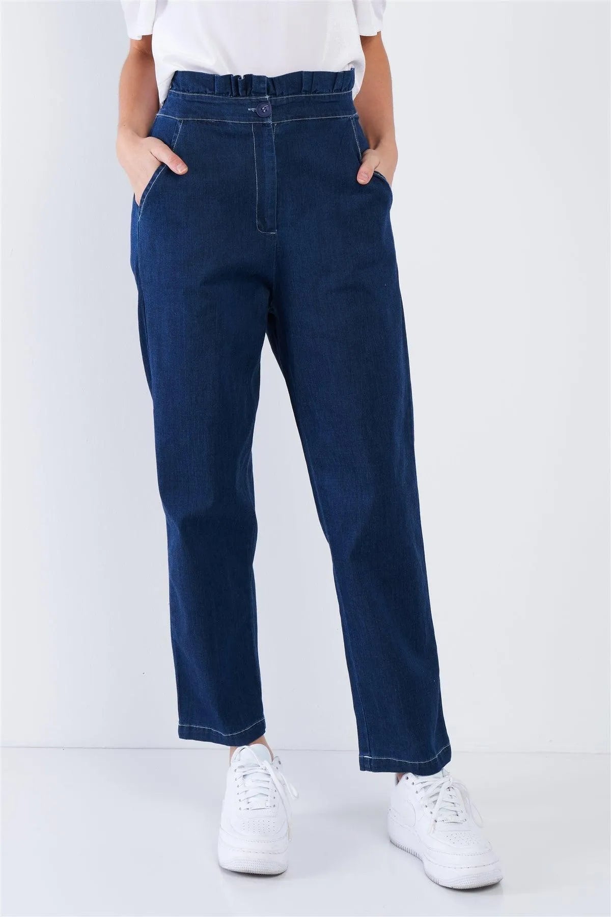 Jean Blue White Stitch Retro High Waist Frill Mock Wrap Denim Pants /1-1-1-1 - Tasha Apparel Wholesale