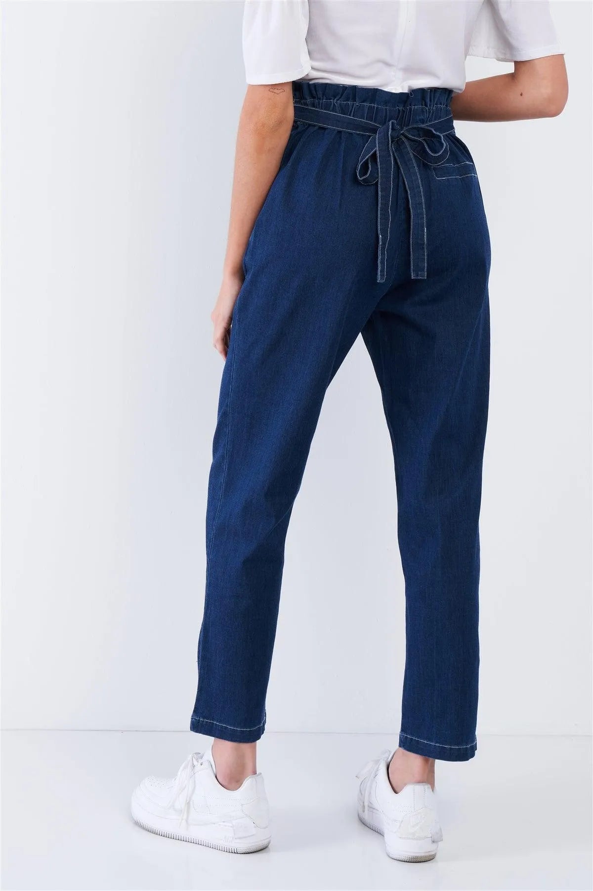 Jean Blue White Stitch Retro High Waist Frill Mock Wrap Denim Pants /1-1-1-1 - Tasha Apparel Wholesale