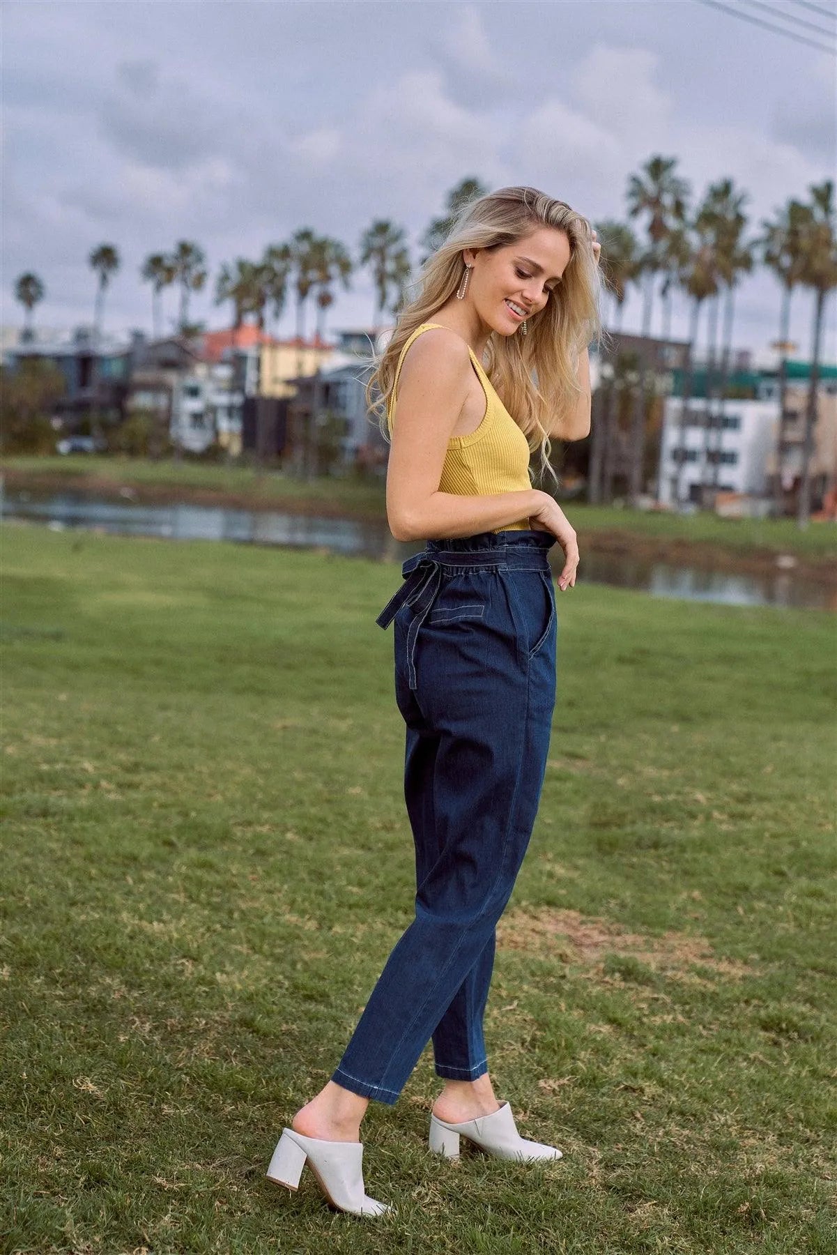 Jean Blue White Stitch Retro High Waist Frill Mock Wrap Denim Pants /1-1-1-1 - Tasha Apparel Wholesale