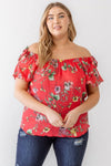 Junior Plus Coral Floral Print Woven Linen Blend Off-The-Shoulder Relax Top /1-1-1 - Tasha Apparel Wholesale