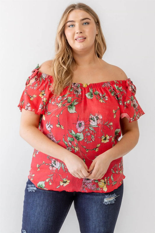 Junior Plus Coral Floral Print Woven Linen Blend Off-The-Shoulder Relax Top /1-1-1 - Tasha Apparel Wholesale