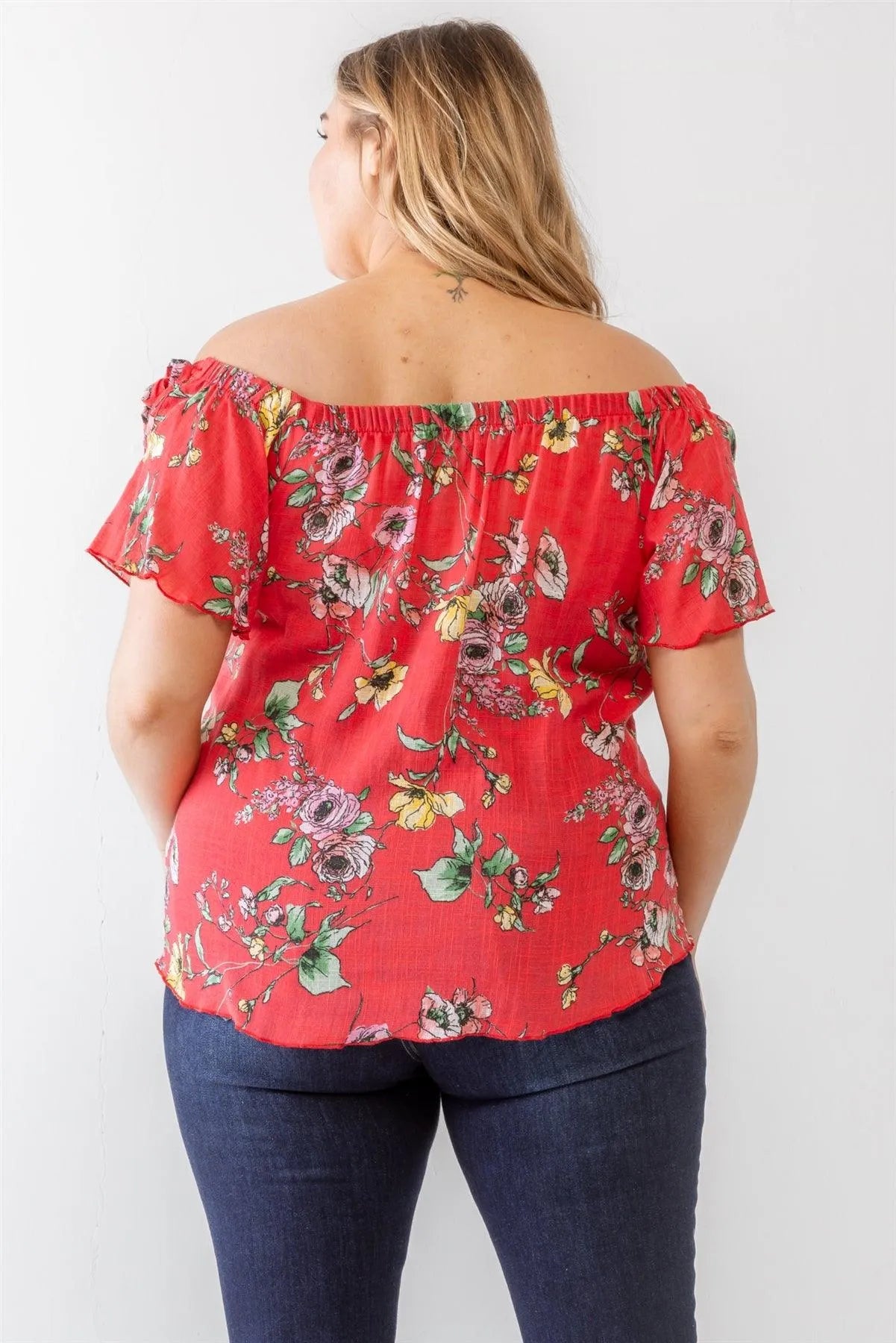 Junior Plus Coral Floral Print Woven Linen Blend Off-The-Shoulder Relax Top /1-1-1 - Tasha Apparel Wholesale