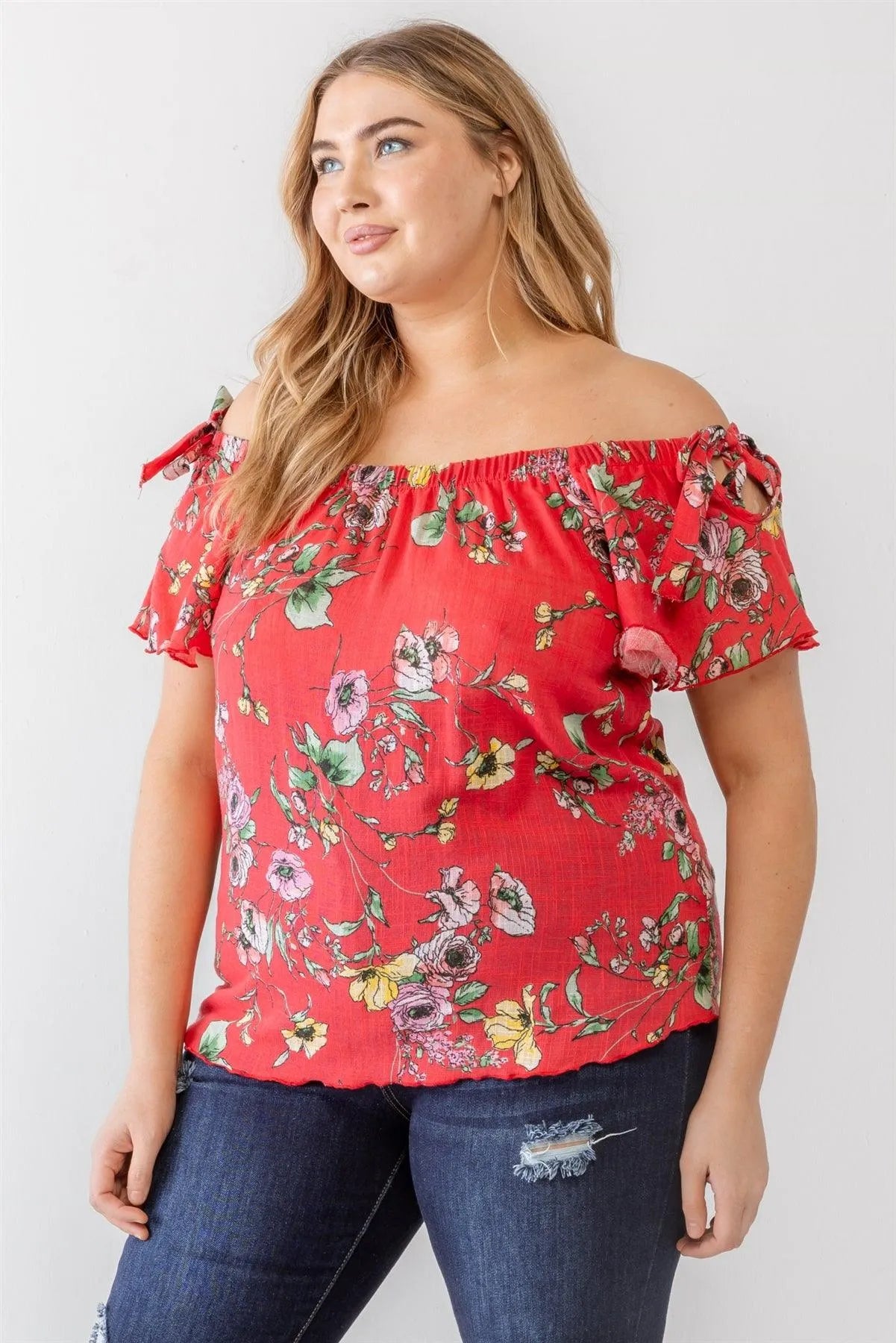 Junior Plus Coral Floral Print Woven Linen Blend Off-The-Shoulder Relax Top /1-1-1 - Tasha Apparel Wholesale
