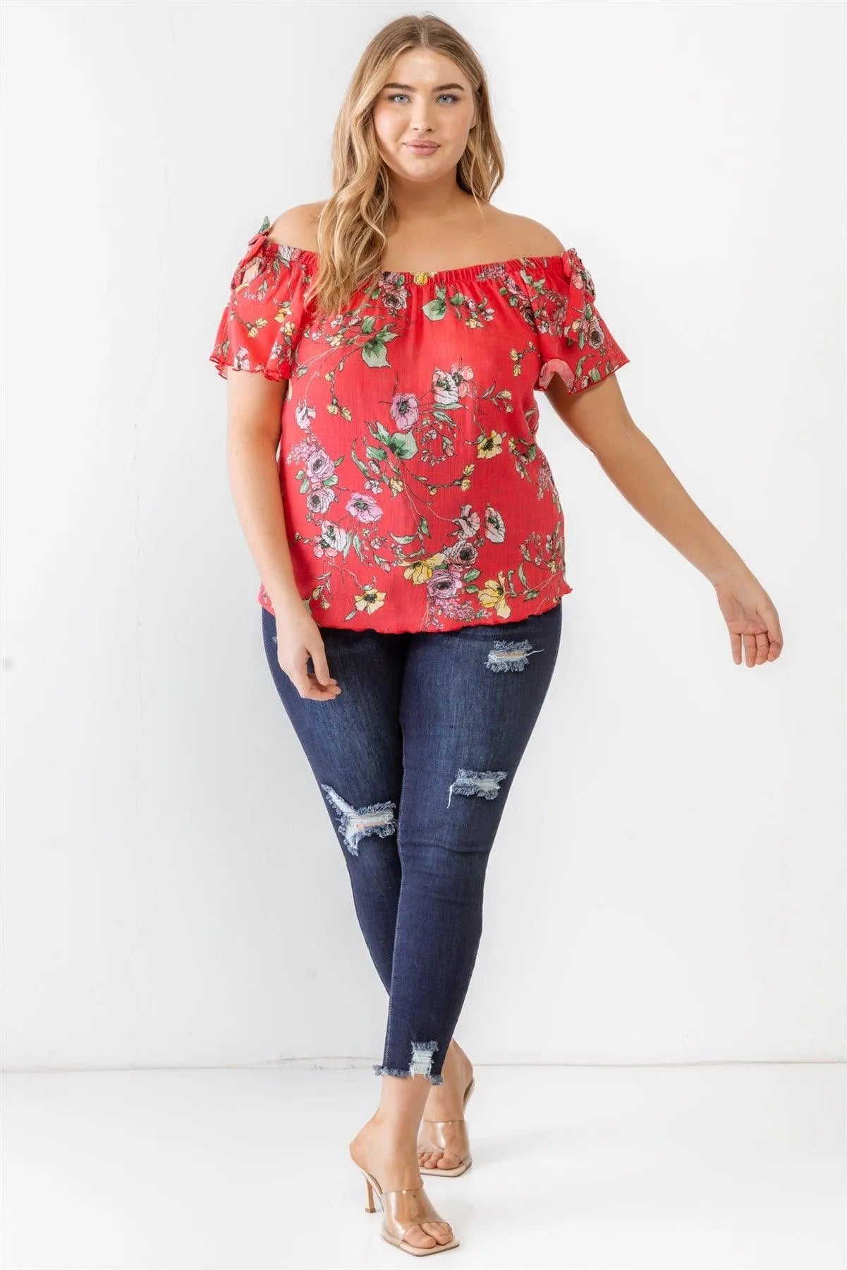 Junior Plus Coral Floral Print Woven Linen Blend Off-The-Shoulder Relax Top /1-1-1 - Tasha Apparel Wholesale