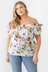 Junior Plus Ivory Floral Print Woven Linen Blend Off-The-Shoulder Relax Top /1-1-1 - Tasha Apparel Wholesale