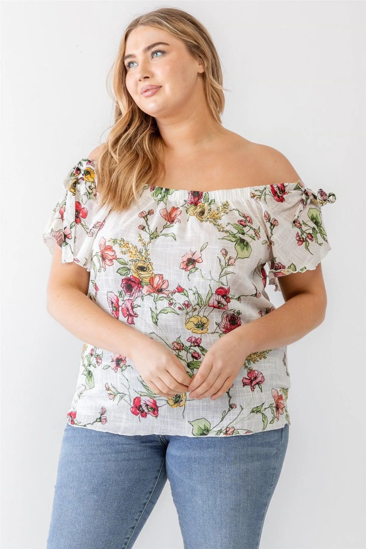 Junior Plus Ivory Floral Print Woven Linen Blend Off-The-Shoulder Relax Top /1-1-1 - Tasha Apparel Wholesale