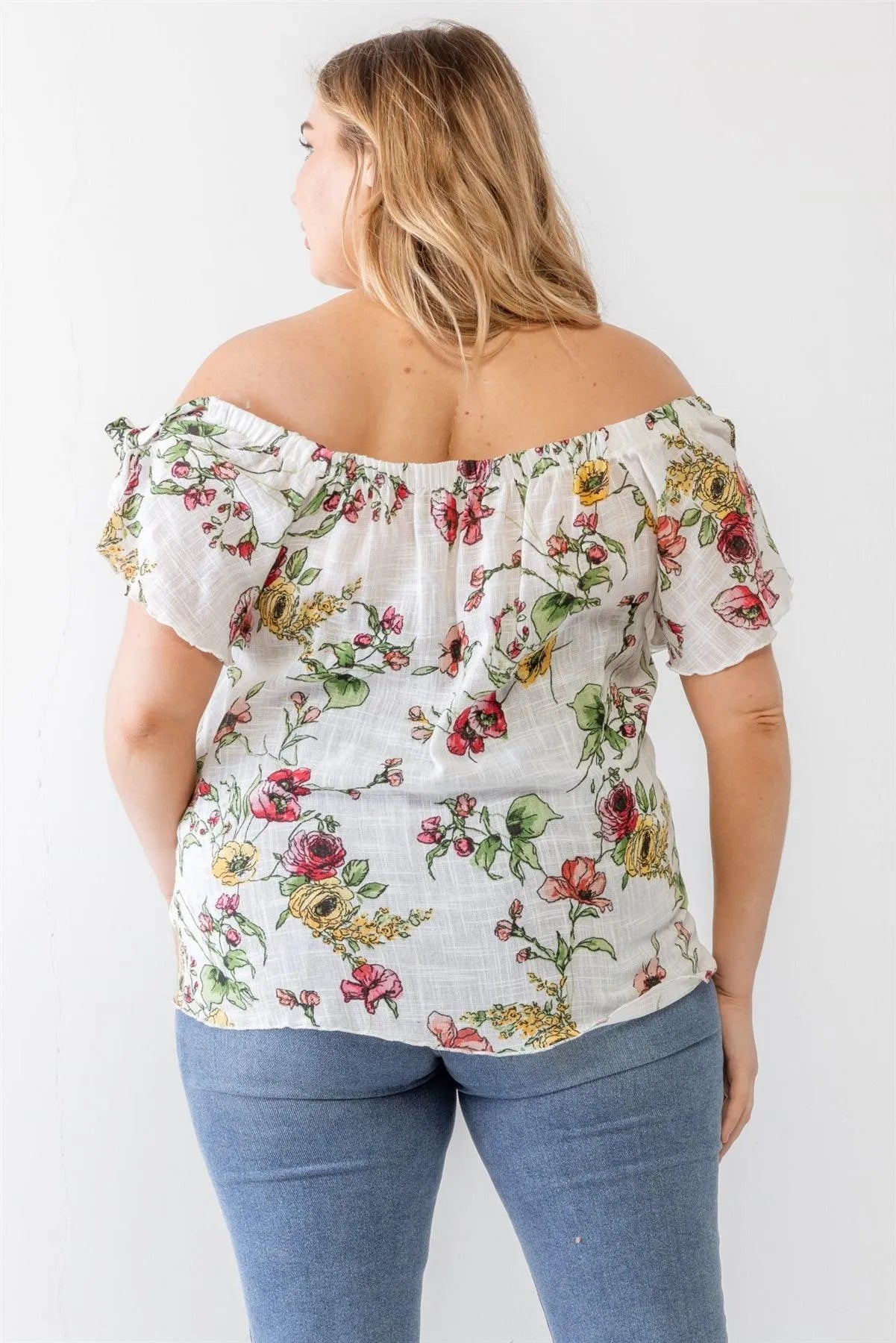 Junior Plus Ivory Floral Print Woven Linen Blend Off-The-Shoulder Relax Top /2-1-1 - Tasha Apparel Wholesale