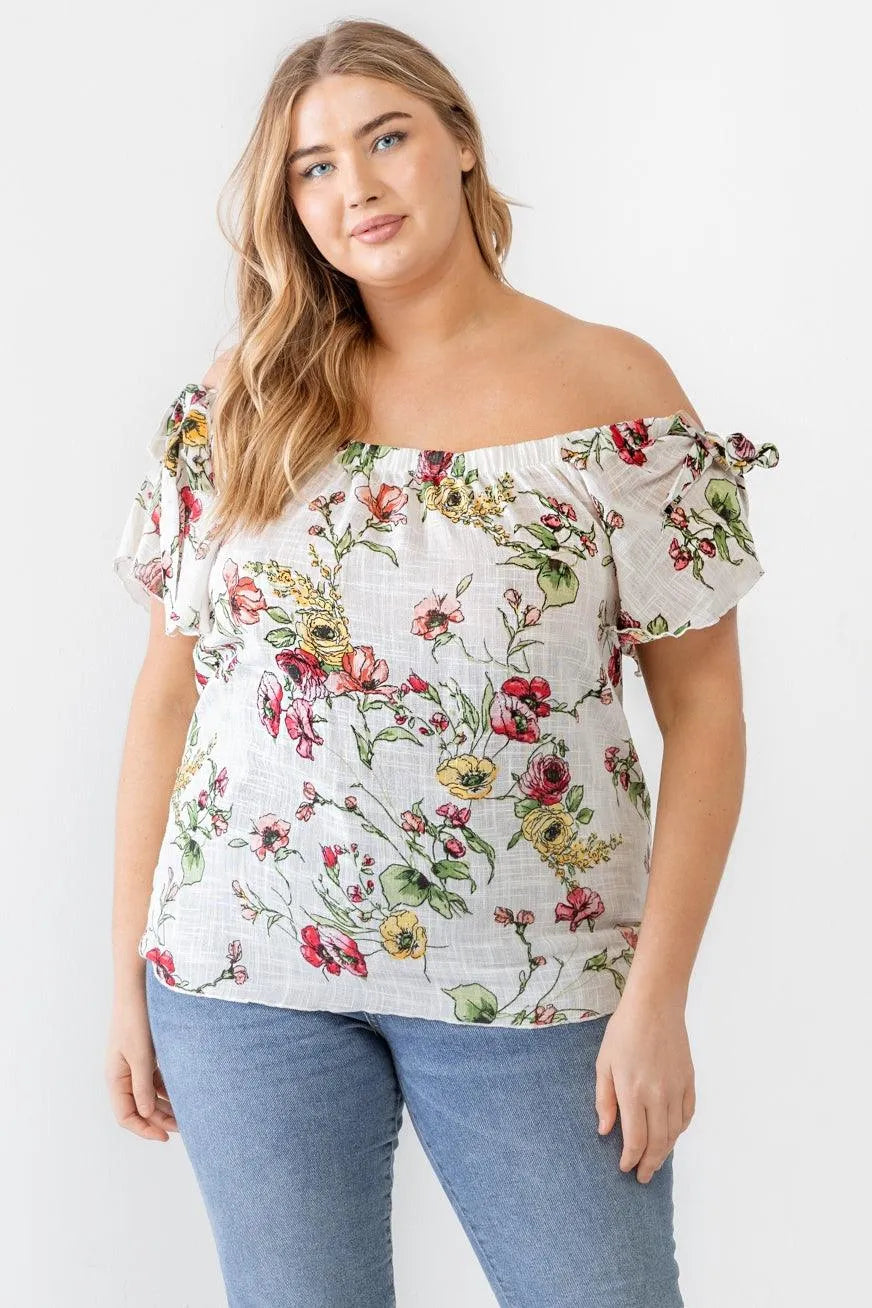 Junior Plus Ivory Floral Print Woven Linen Blend Off-The-Shoulder Relax Top /2-1-1 - Tasha Apparel Wholesale