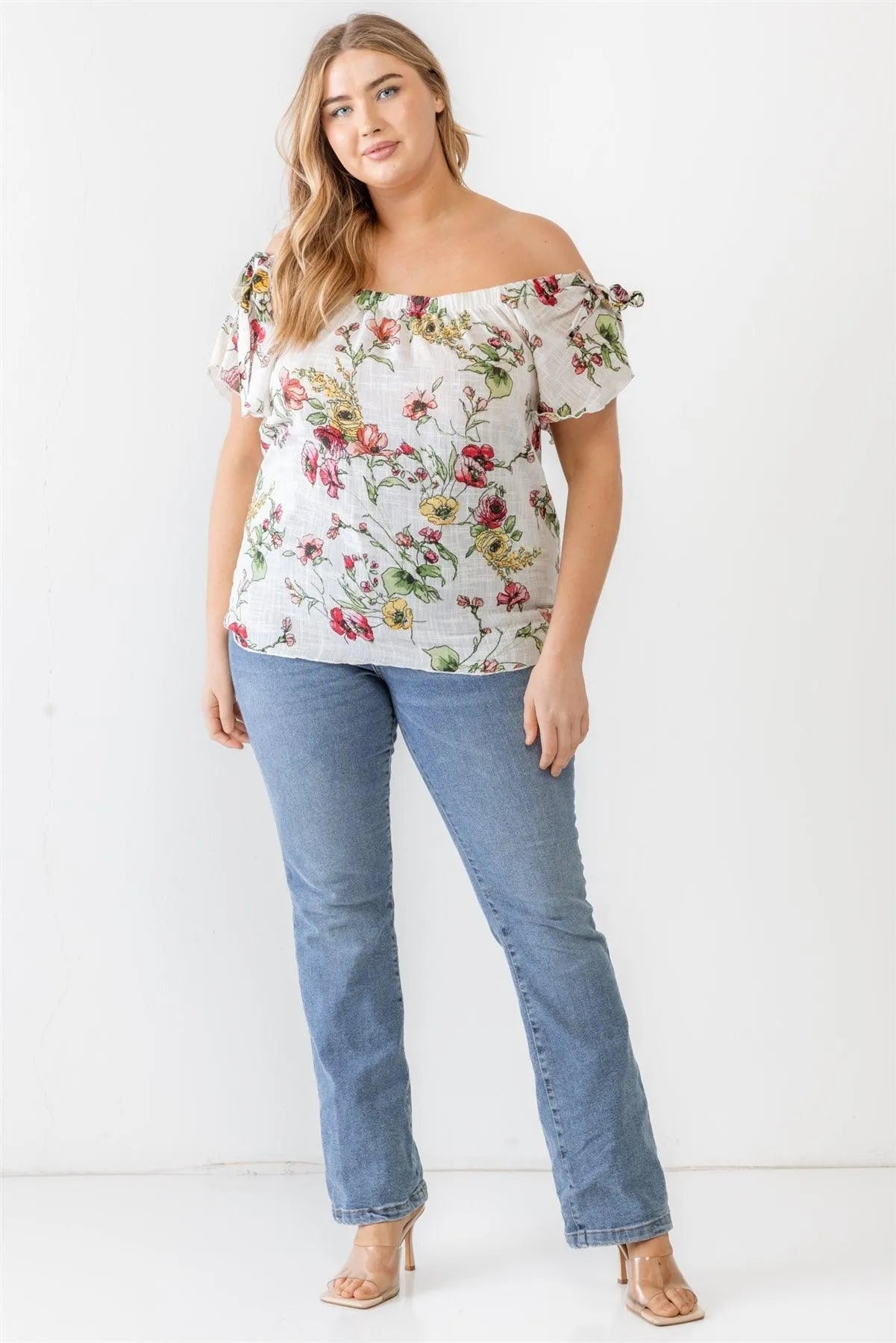 Junior Plus Ivory Floral Print Woven Linen Blend Off-The-Shoulder Relax Top /2-1-1 - Tasha Apparel Wholesale