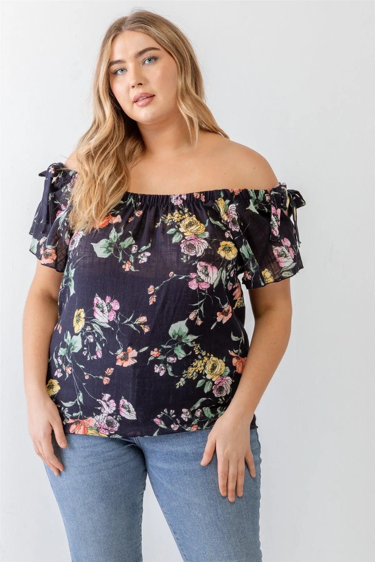 Junior Plus Navy Floral Print Woven Linen Blend Off-The-Shoulder Relax Top /1-1-1 - Tasha Apparel Wholesale