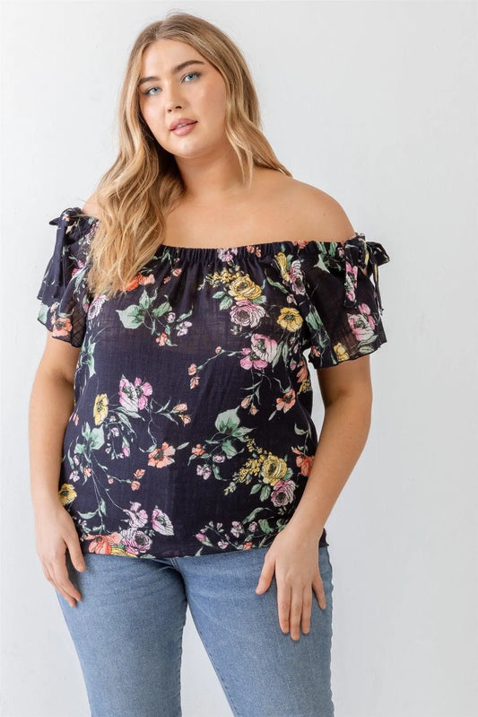 Junior Plus Navy Floral Print Woven Linen Blend Off-The-Shoulder Relax Top /1-1-1 - Tasha Apparel Wholesale