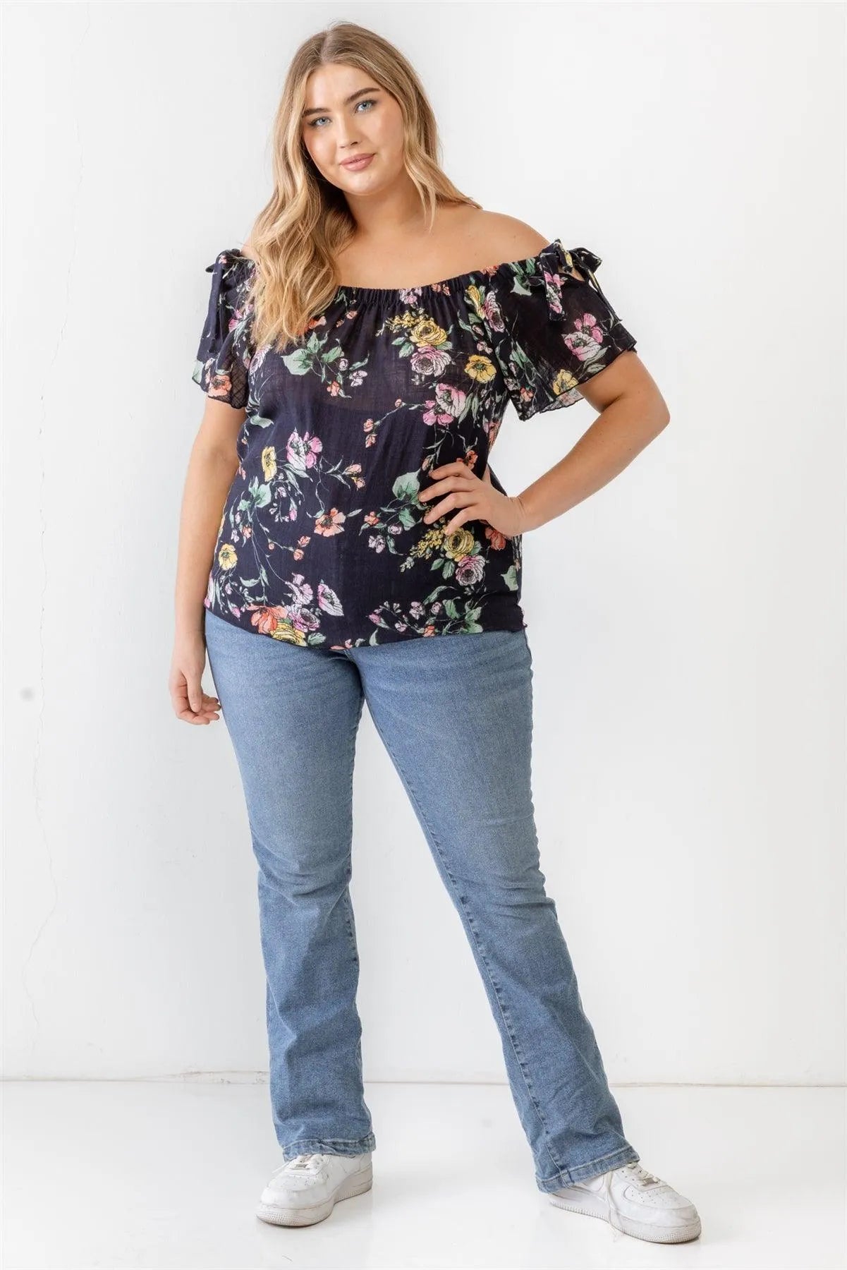 Junior Plus Navy Floral Print Woven Linen Blend Off-The-Shoulder Relax Top /1-1-1 - Tasha Apparel Wholesale