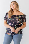 Junior Plus Navy Floral Print Woven Linen Blend Off-The-Shoulder Relax Top /2-1-2 - Tasha Apparel Wholesale