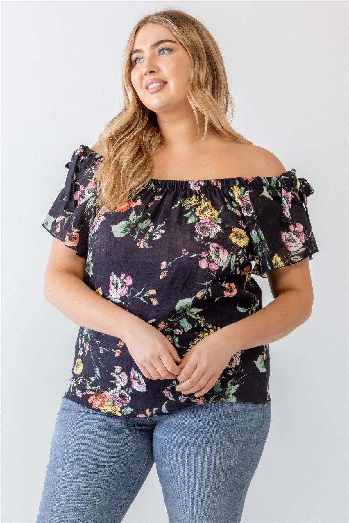 Junior Plus Navy Floral Print Woven Linen Blend Off-The-Shoulder Relax Top /2-1-2 - Tasha Apparel Wholesale