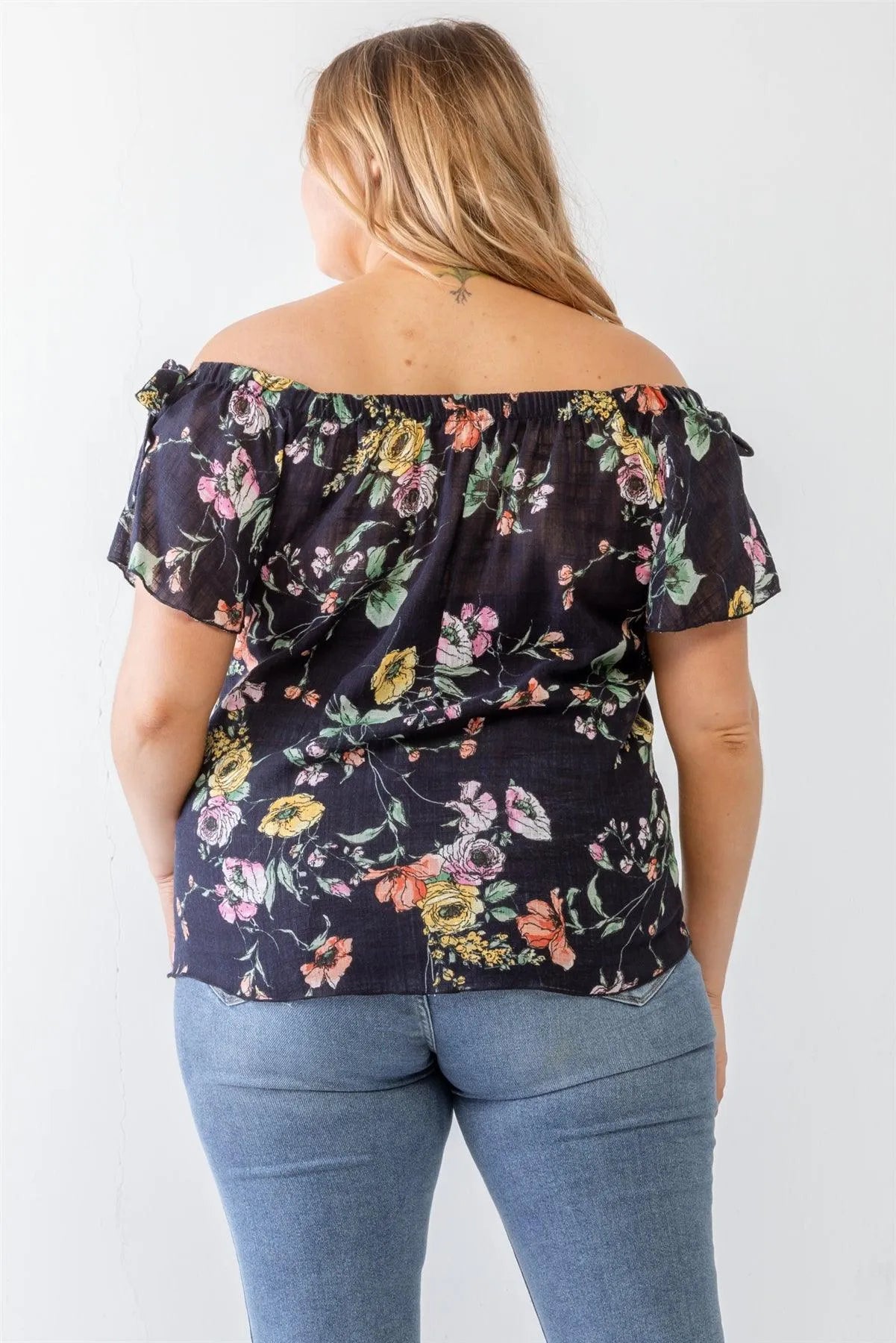 Junior Plus Navy Floral Print Woven Linen Blend Off-The-Shoulder Relax Top /2-1-2 - Tasha Apparel Wholesale