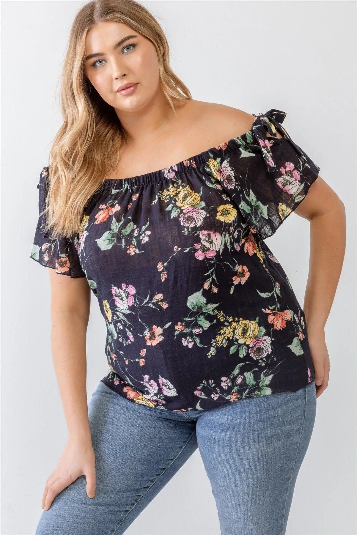 Junior Plus Navy Floral Print Woven Linen Blend Off-The-Shoulder Relax Top /2-1-2 - Tasha Apparel Wholesale