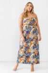 Junior Plus Orange & Blue Tropical Print Ruched Strapless Midi Dress /1-1-1 - Tasha Apparel Wholesale