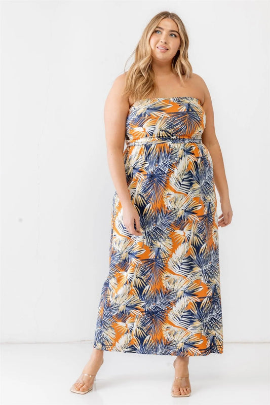 Junior Plus Orange & Blue Tropical Print Ruched Strapless Midi Dress /1-1-1 - Tasha Apparel Wholesale