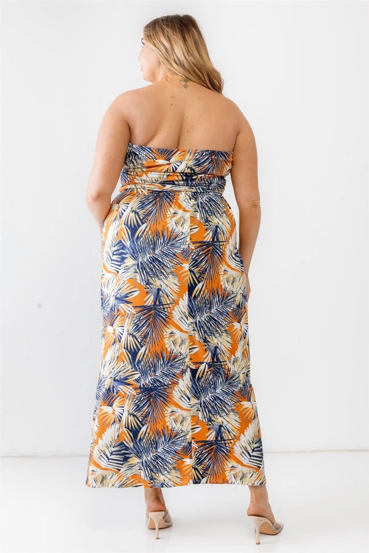 Junior Plus Orange & Blue Tropical Print Ruched Strapless Midi Dress /1-1-1 - Tasha Apparel Wholesale