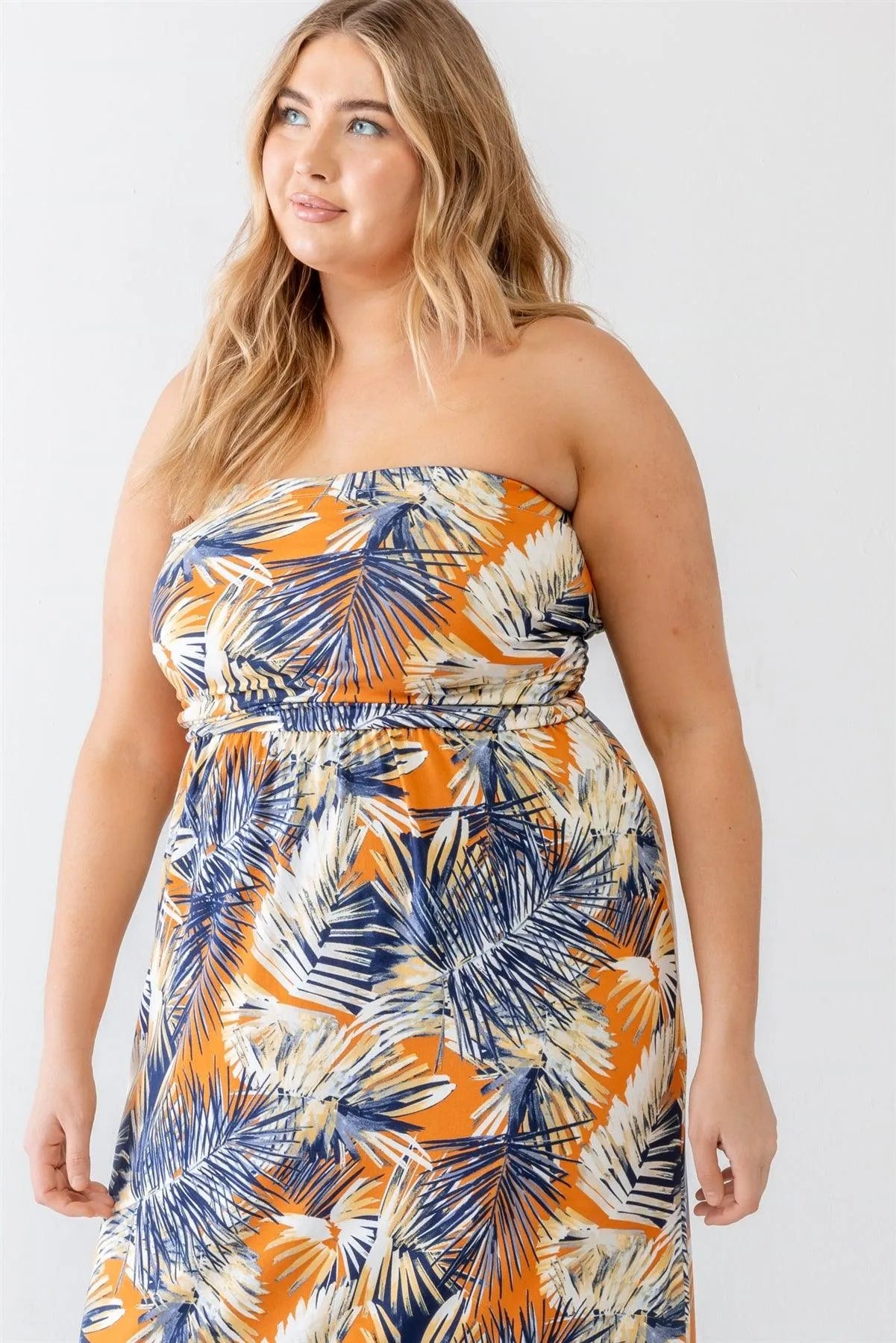 Junior Plus Orange & Blue Tropical Print Ruched Strapless Midi Dress /1-1-1 - Tasha Apparel Wholesale