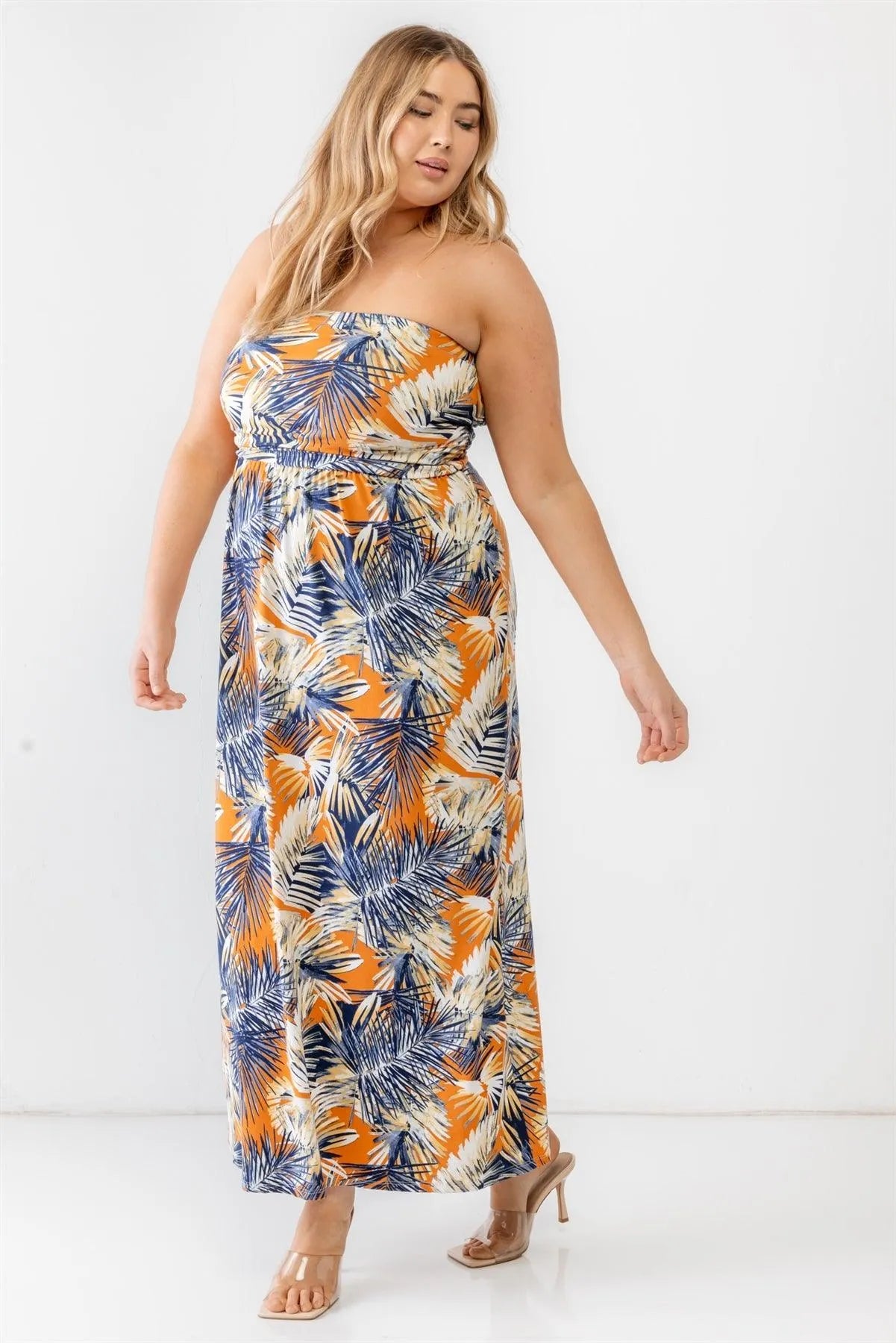 Junior Plus Orange & Blue Tropical Print Ruched Strapless Midi Dress /1-1-1 - Tasha Apparel Wholesale
