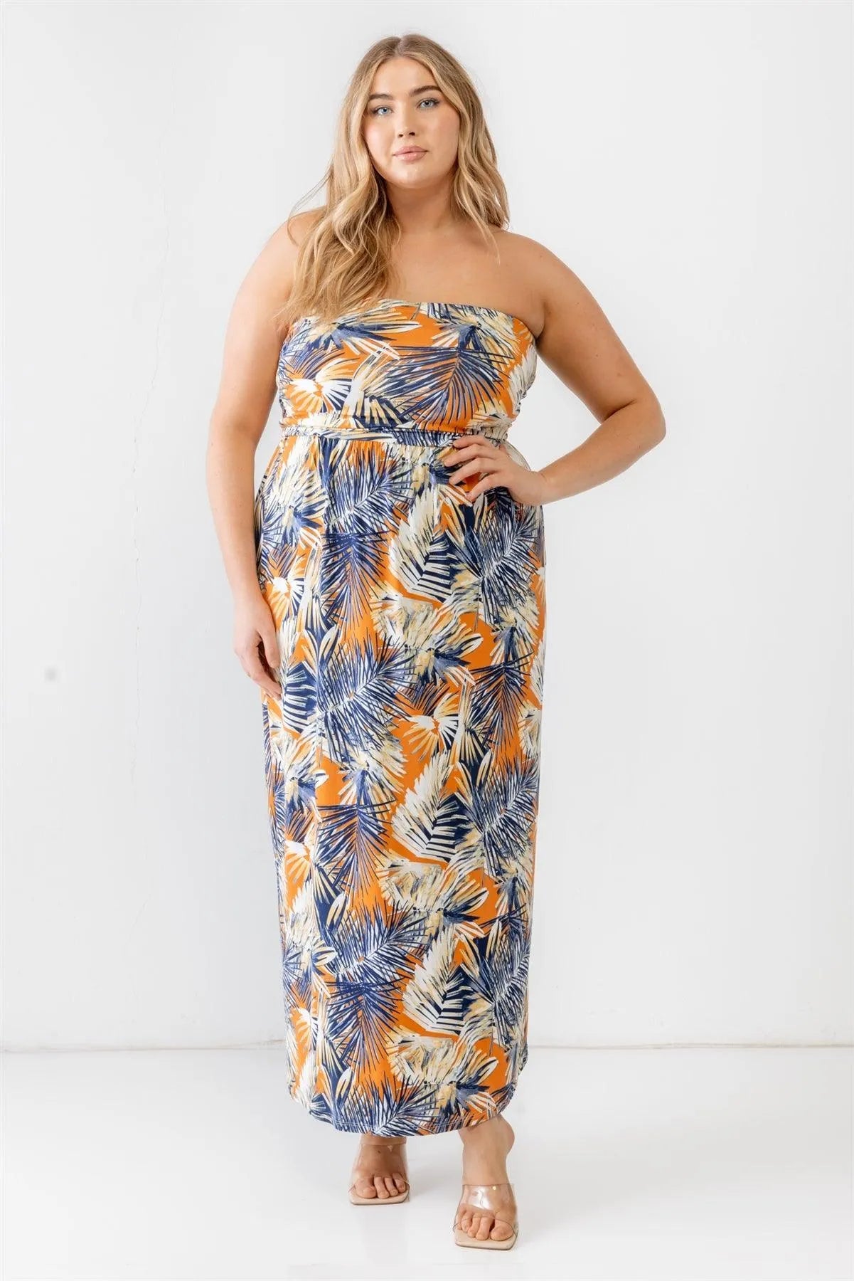 Junior Plus Orange & Blue Tropical Print Ruched Strapless Midi Dress /1-1-1 - Tasha Apparel Wholesale
