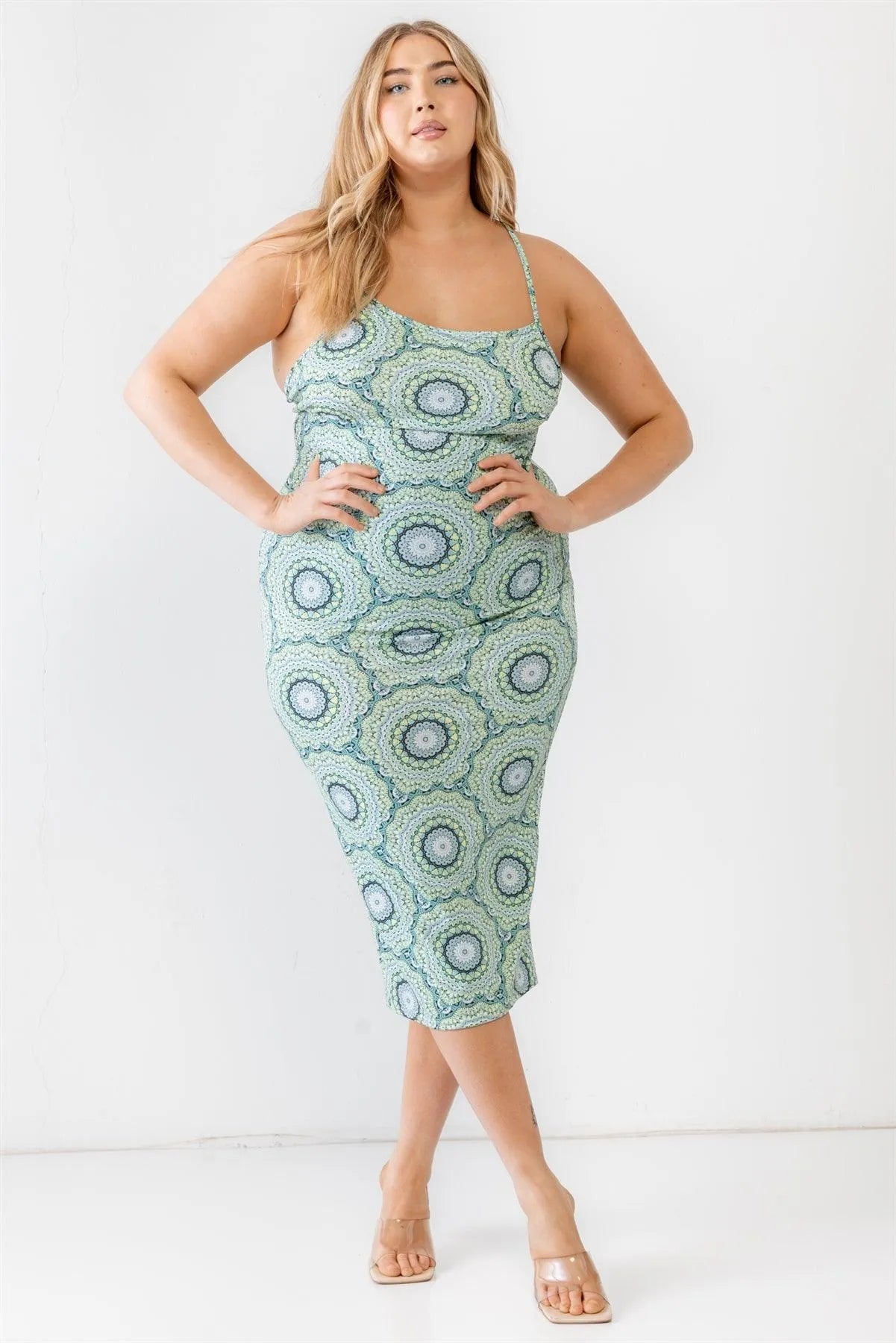 Junior Plus Ivory Lime Abstract Print Sleeveless Midi Dress /1-2-3 - Tasha Apparel Wholesale