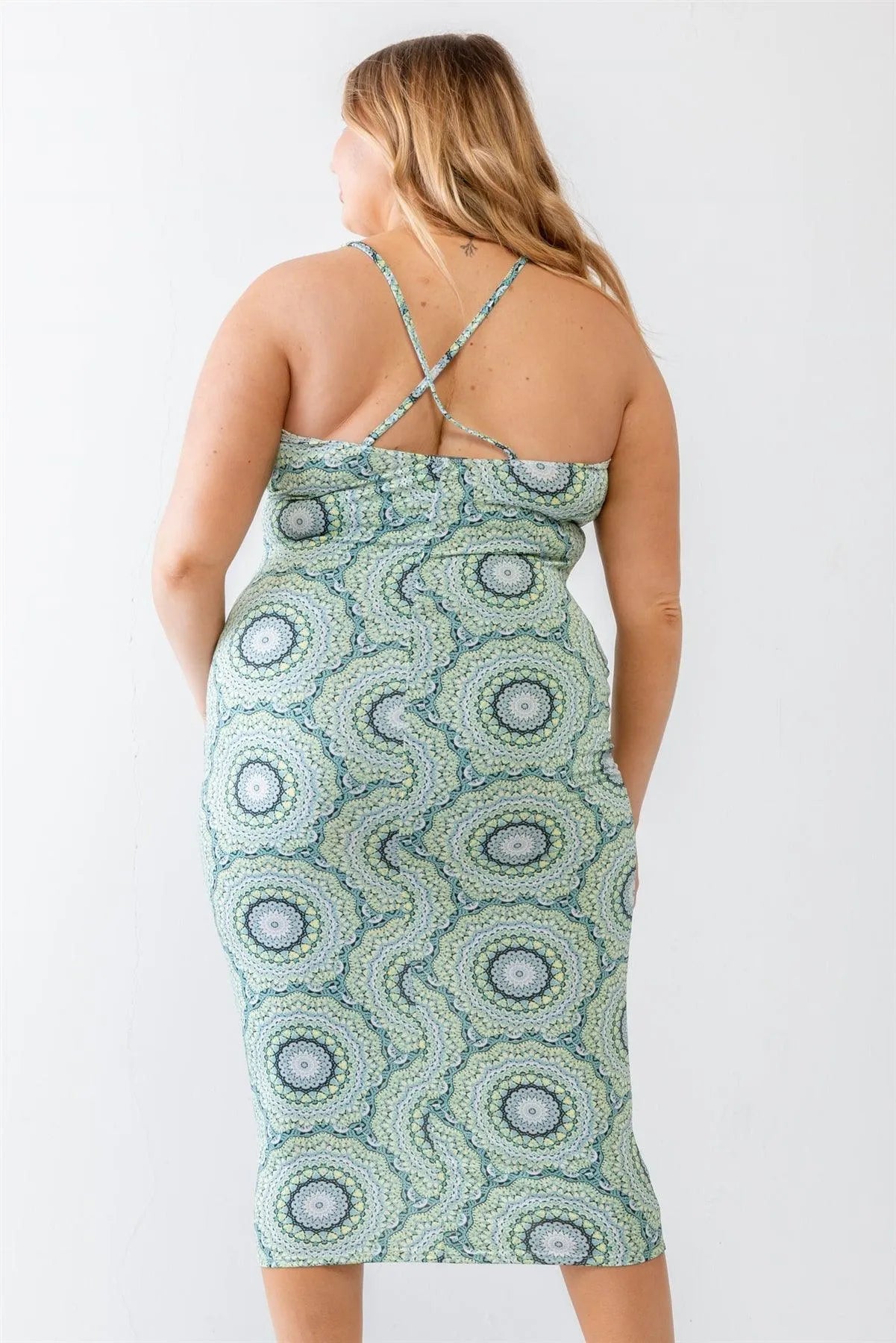 Junior Plus Ivory Lime Abstract Print Sleeveless Midi Dress /1-2-3 - Tasha Apparel Wholesale