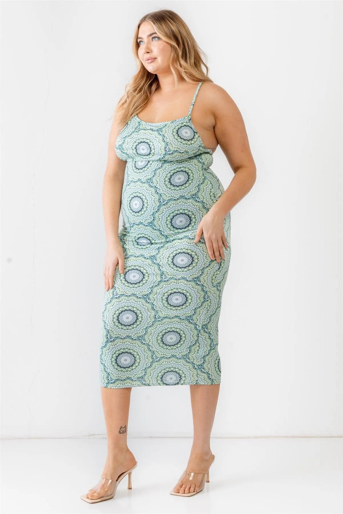 Junior Plus Ivory Lime Abstract Print Sleeveless Midi Dress /1-2-3 - Tasha Apparel Wholesale