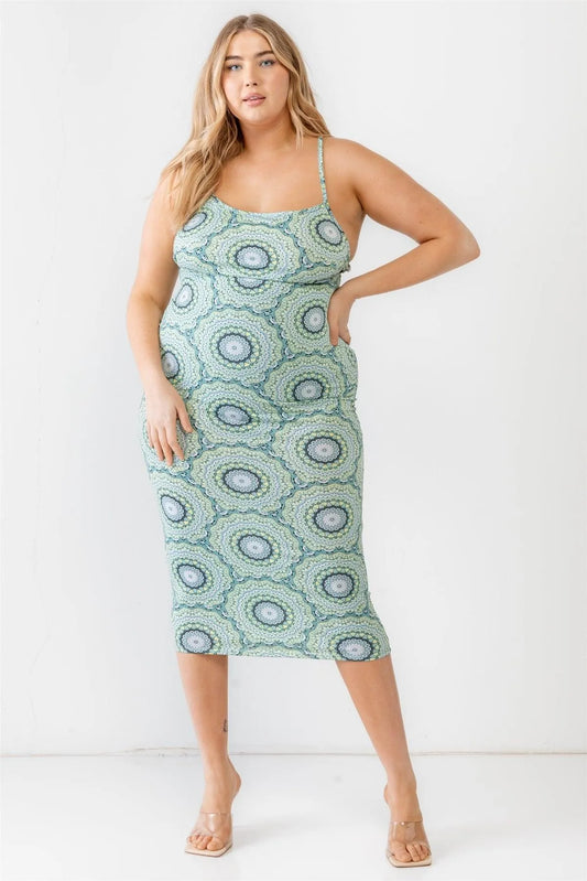Junior Plus Ivory Lime Abstract Print Sleeveless Midi Dress /1-2-3 - Tasha Apparel Wholesale
