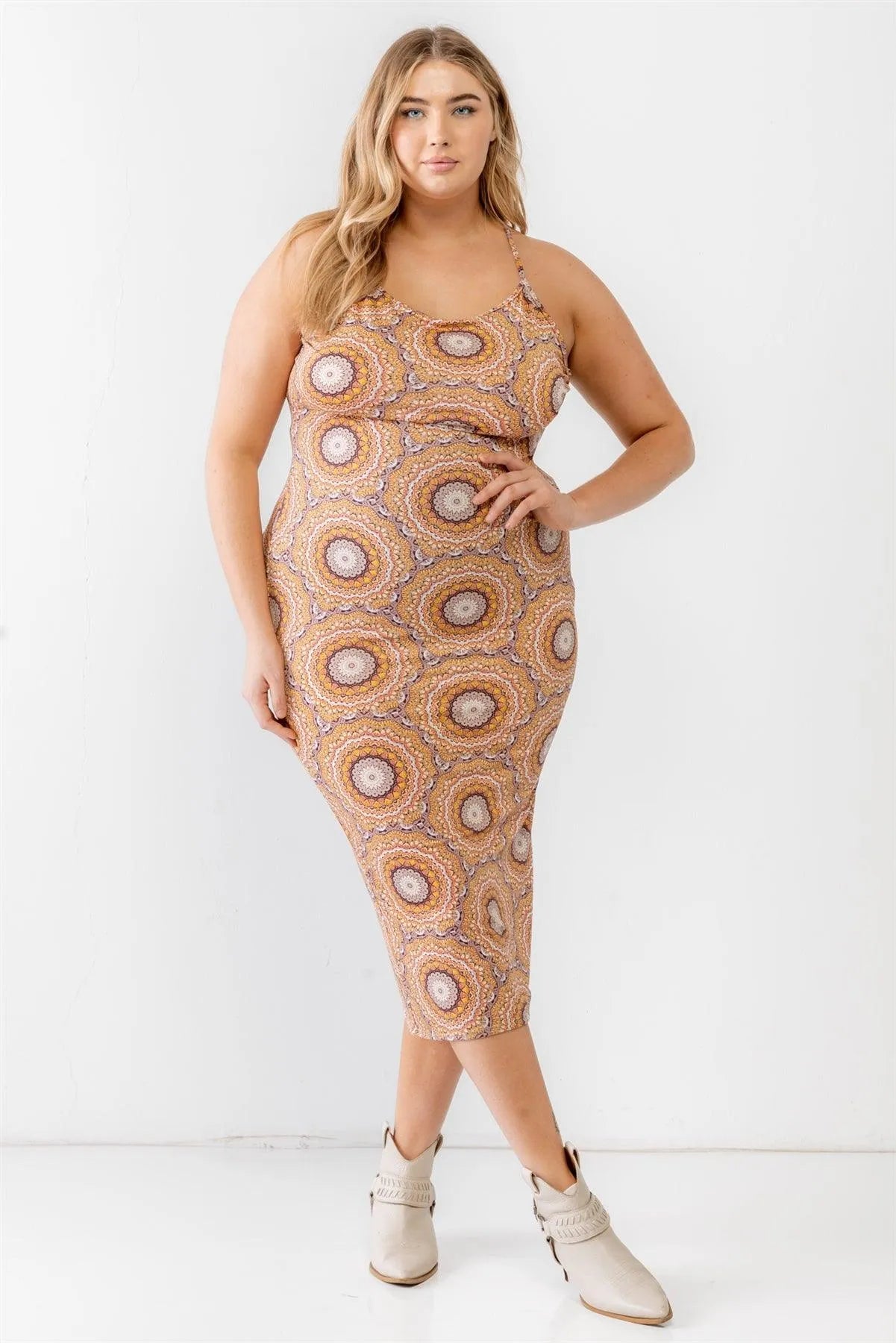 Junior Plus Ivory Mustard Abstract Print Sleeveless Midi Dress /3-2-1 - Tasha Apparel Wholesale