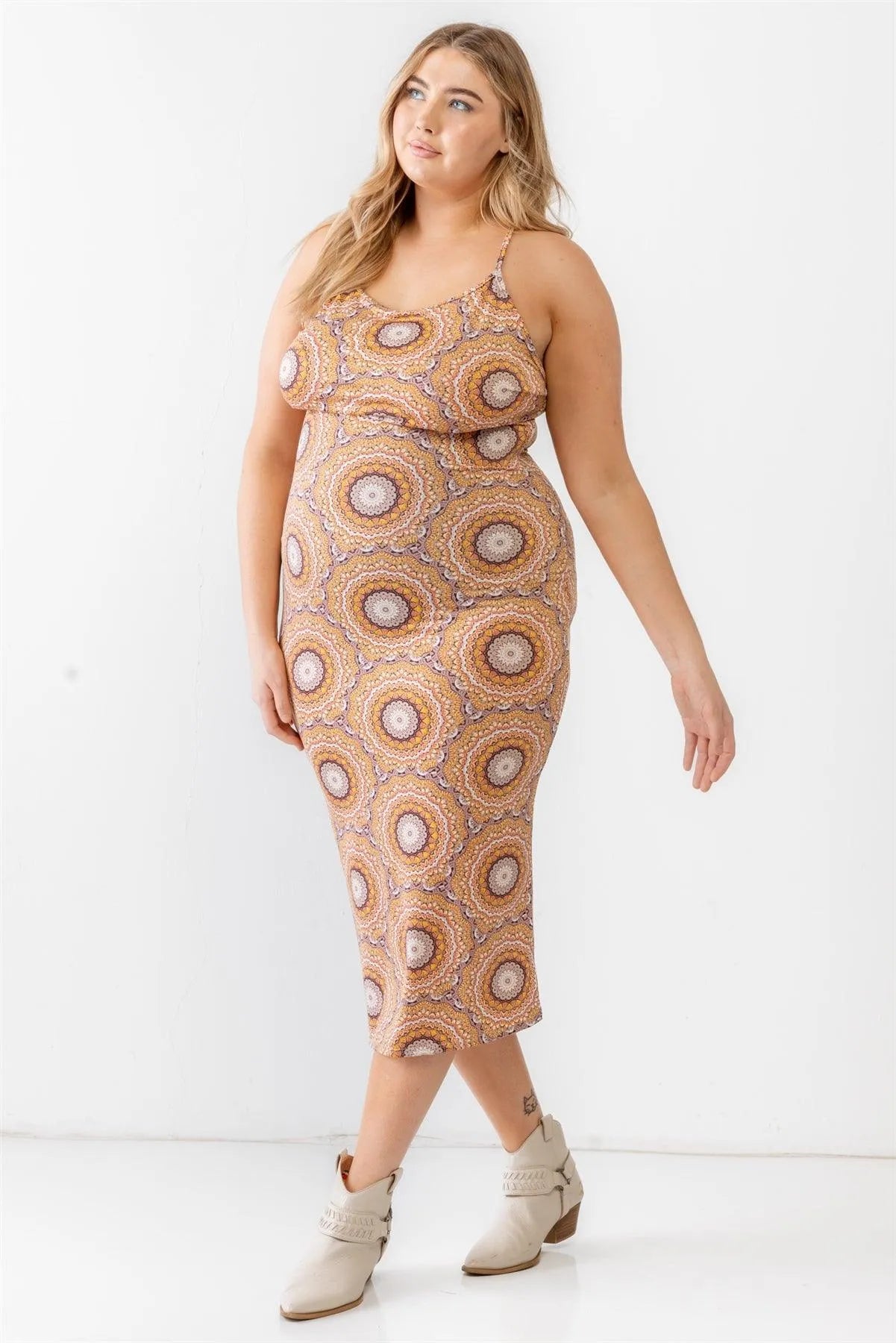 Junior Plus Ivory Mustard Abstract Print Sleeveless Midi Dress /3-2-1 - Tasha Apparel Wholesale