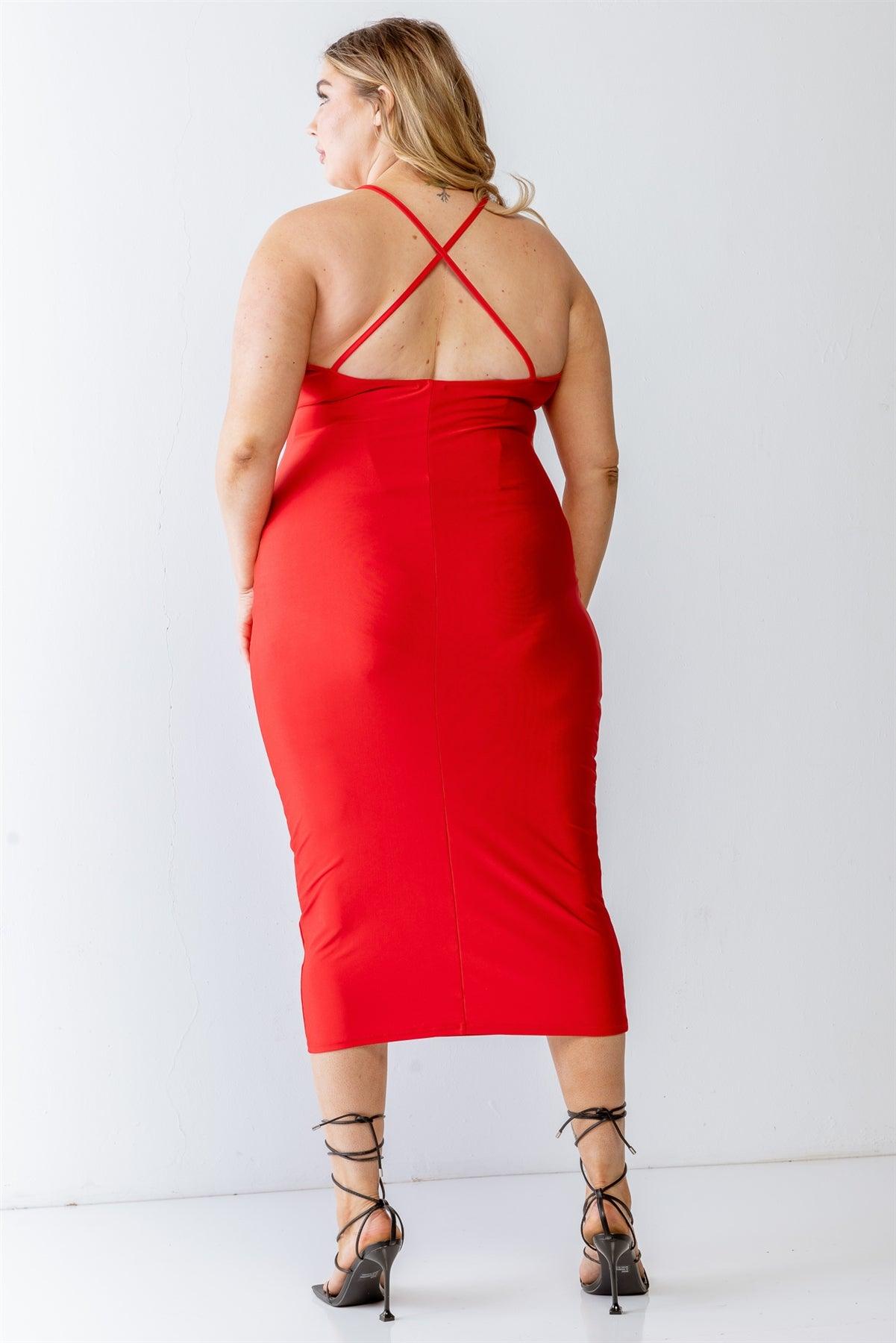 Junior Plus Red Elasticized Strappy Back Criss-Cross Midi Dress /1-1-1
