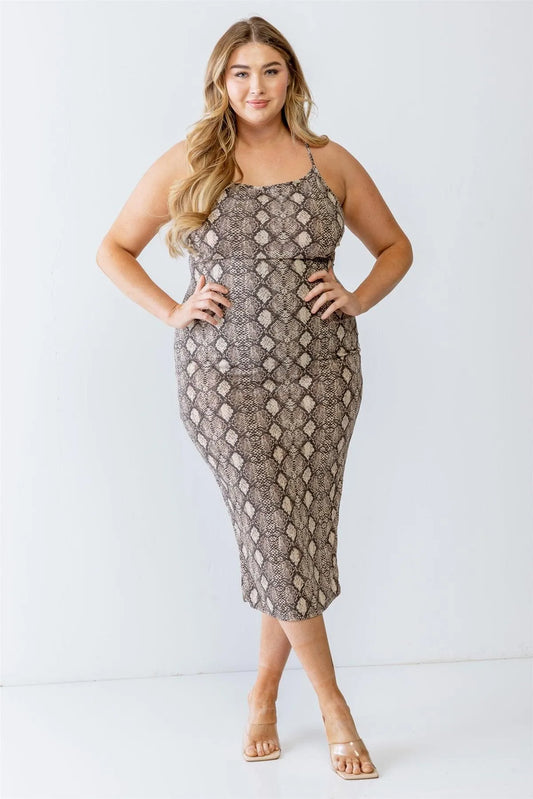 Junior Plus Grey Combo Snake Print Elasticized Strappy Back Criss-Cross Midi Dress /1-1-1 - Tasha Apparel Wholesale
