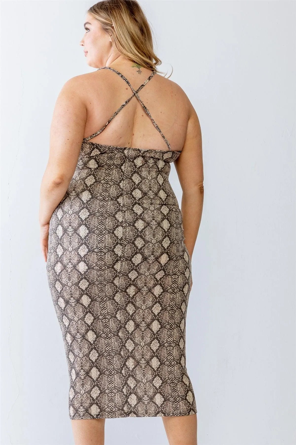 Junior Plus Grey Combo Snake Print Elasticized Strappy Back Criss-Cross Midi Dress /1-1-1 - Tasha Apparel Wholesale