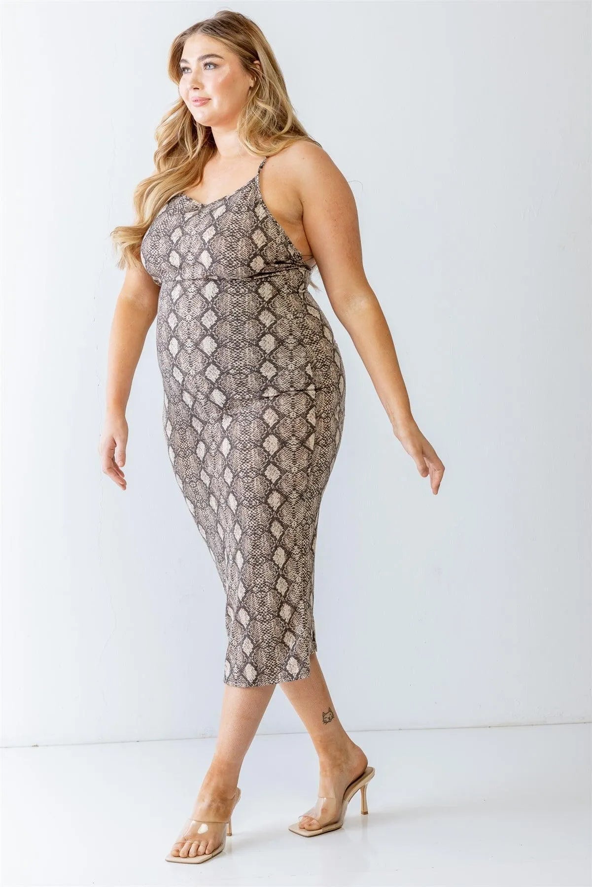 Junior Plus Grey Combo Snake Print Elasticized Strappy Back Criss-Cross Midi Dress /1-1-1 - Tasha Apparel Wholesale