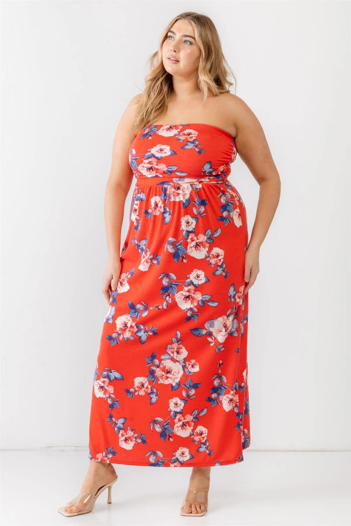 Junior Plus Red Rose Print Ruched Strapless Midi Dress /2-1-1 - Tasha Apparel Wholesale