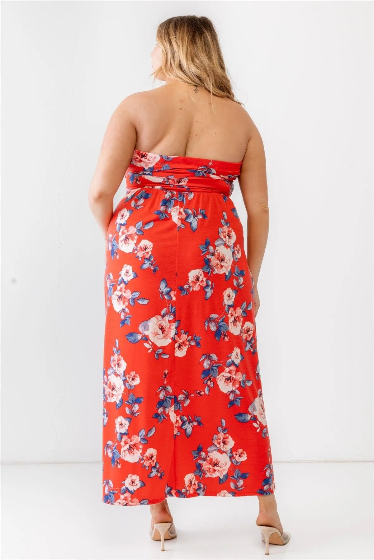 Junior Plus Red Rose Print Ruched Strapless Midi Dress /2-1-1 - Tasha Apparel Wholesale