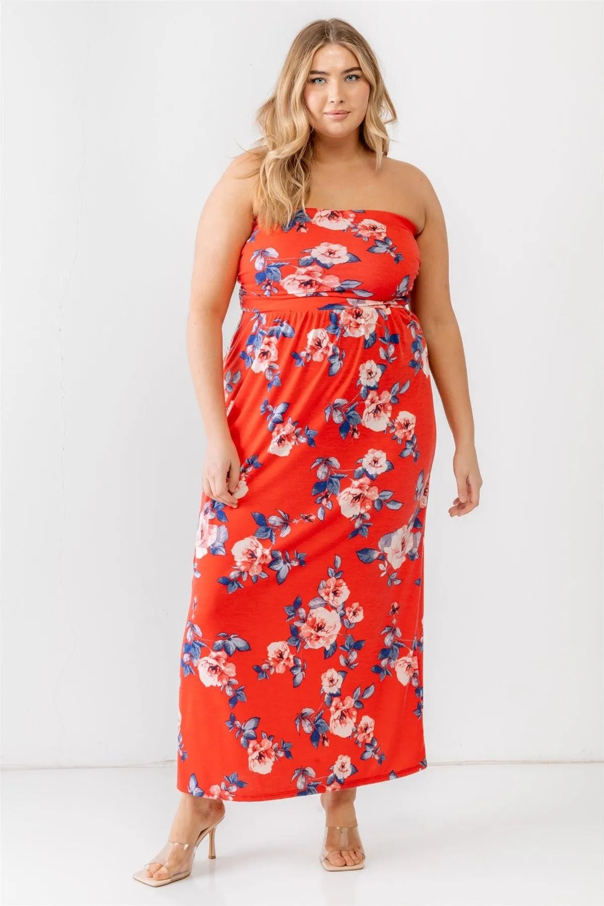 Junior Plus Red Rose Print Ruched Strapless Midi Dress /2-1-1 - Tasha Apparel Wholesale