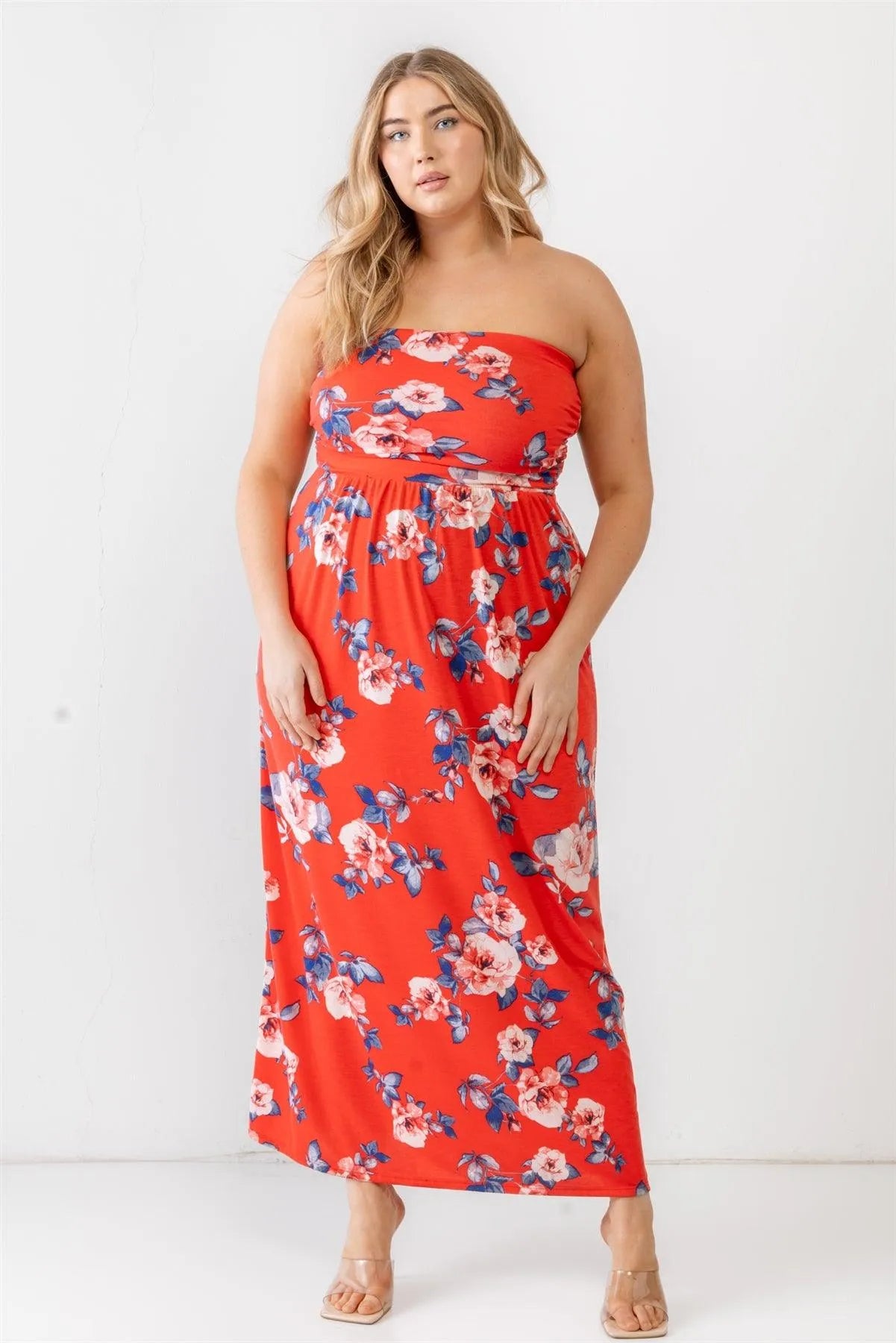 Junior Plus Red Rose Print Ruched Strapless Midi Dress /2-1-1 - Tasha Apparel Wholesale