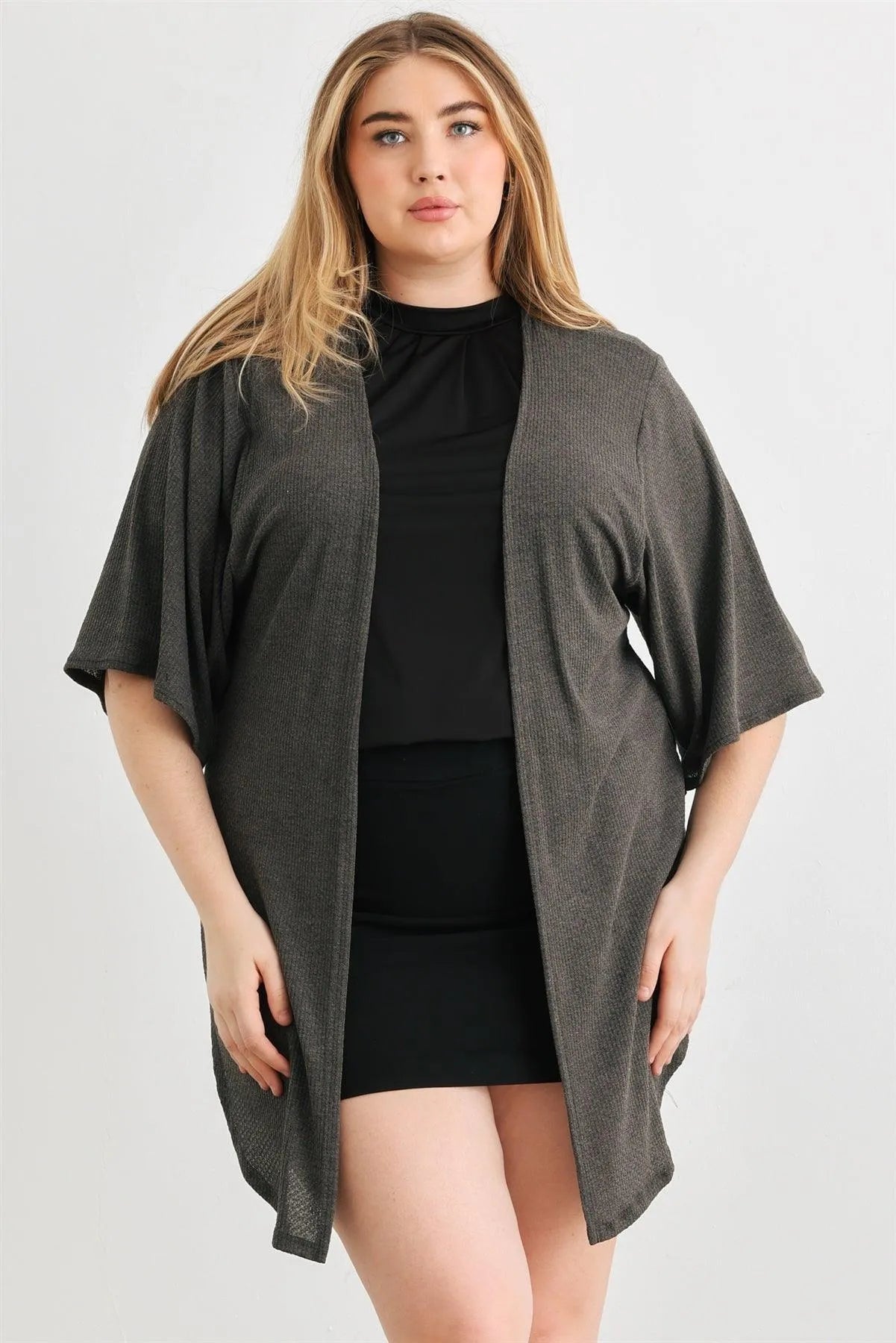 Junior Plus Charcoal Knit Open Front Cardigan /1-1-1 - Tasha Apparel Wholesale