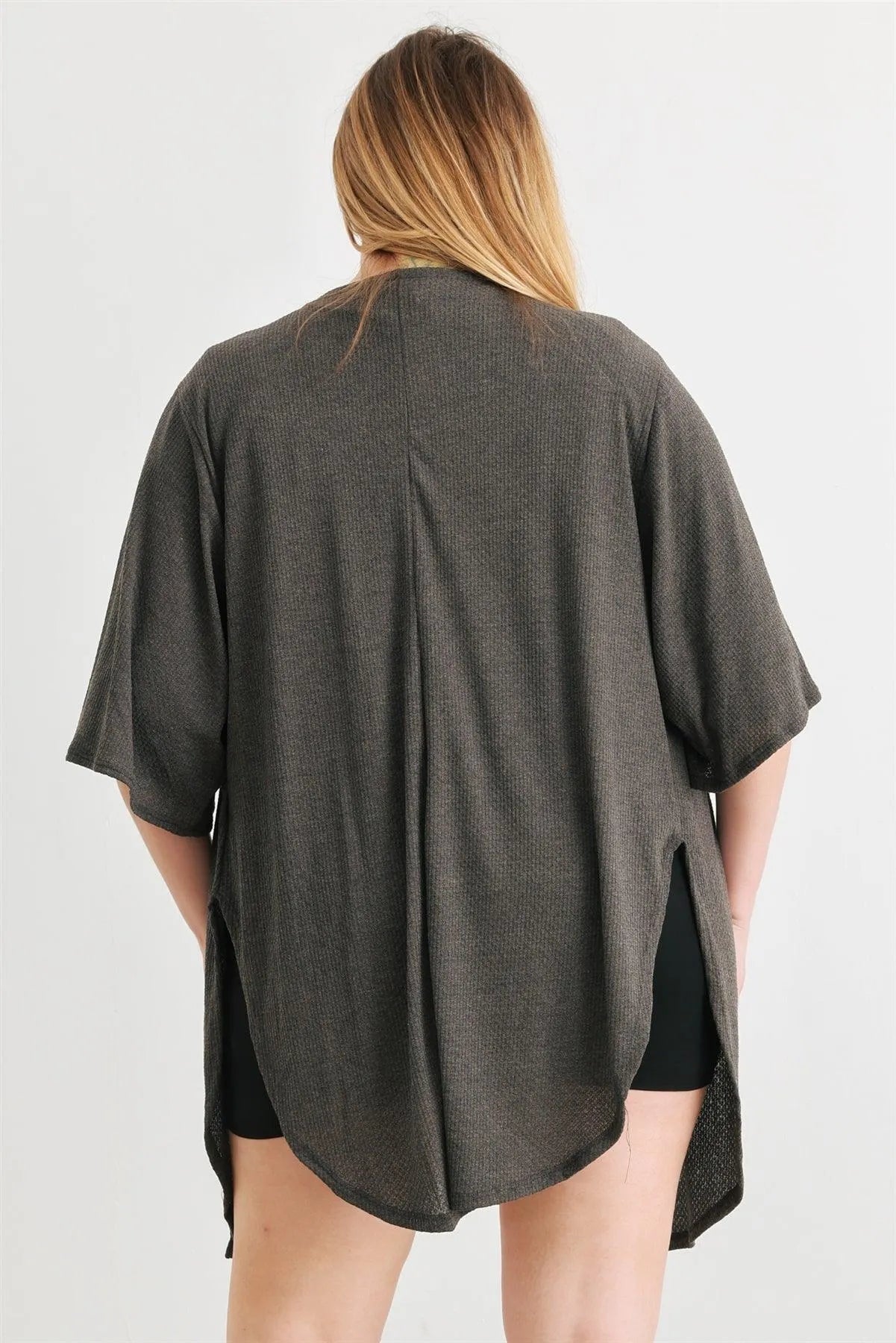 Junior Plus Charcoal Knit Open Front Cardigan /1-1-1 - Tasha Apparel Wholesale