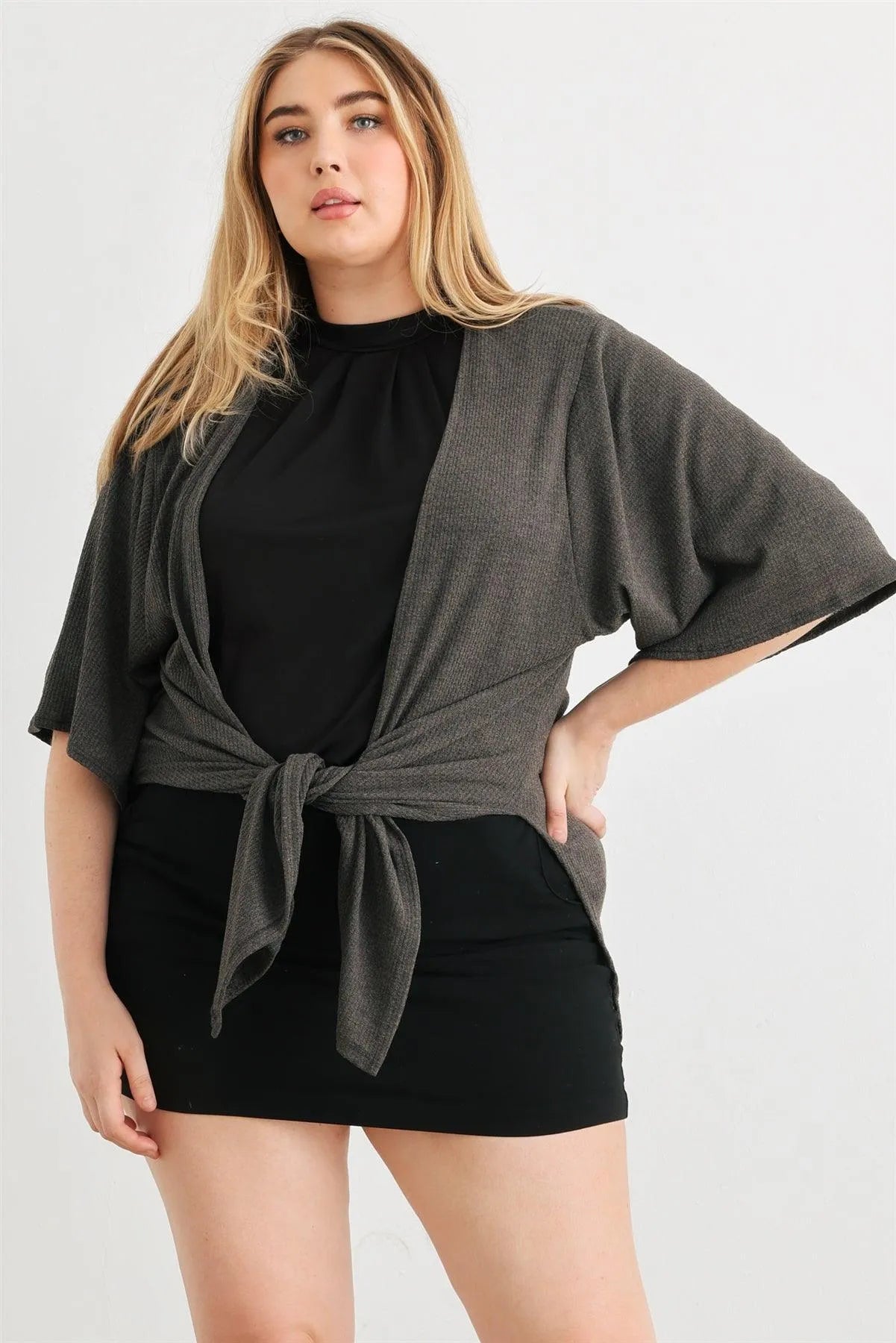 Junior Plus Charcoal Knit Open Front Cardigan /1-1-1 - Tasha Apparel Wholesale