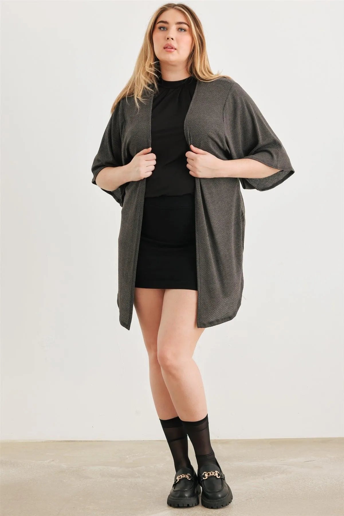 Junior Plus Charcoal Knit Open Front Cardigan /1-1-1 - Tasha Apparel Wholesale